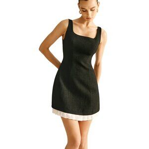 NWT Commense Black Textured Mini Dress W/ White Pleated Hem & Back Zipper Small